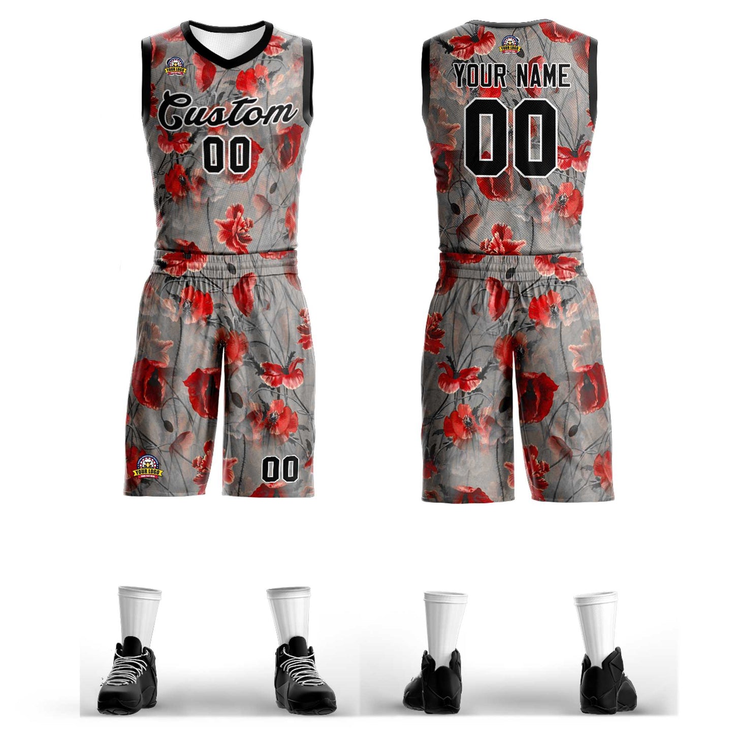 Custom Gray Black-White Graffiti Pattern Sets Mesh Basketball Jersey