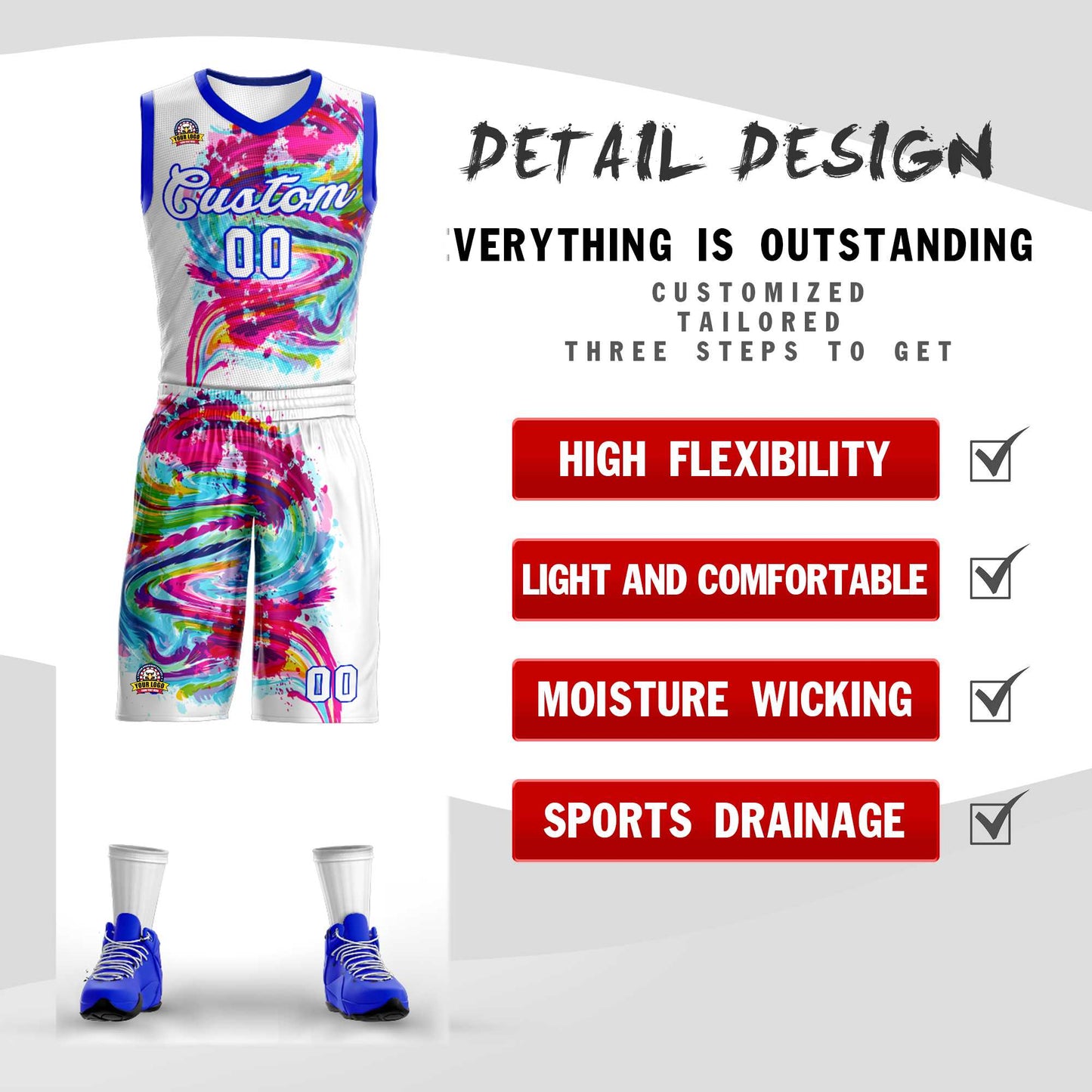 Custom White White-Royal Graffiti Pattern Sets Mesh Basketball Jersey