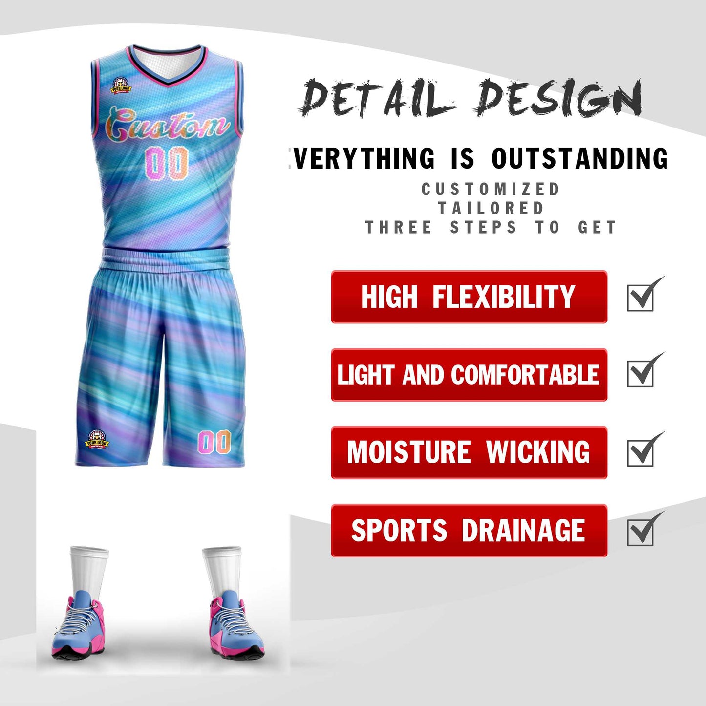 Custom Light Blue White Graffiti Pattern Sets Mesh Basketball Jersey