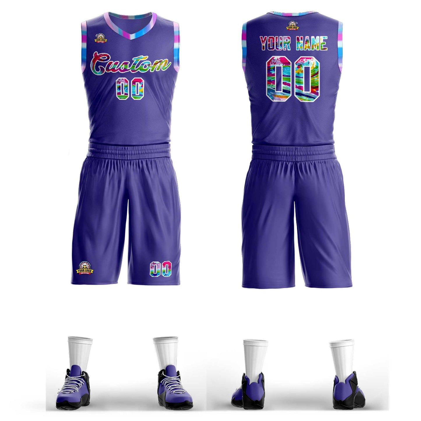 Custom Purple White-Pink Graffiti Pattern Sets Mesh Basketball Jersey