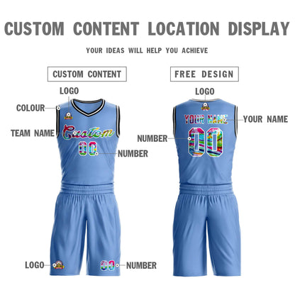 Custom Light Blue White Graffiti Pattern Sets Mesh Basketball Jersey