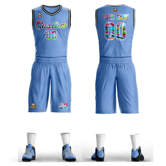 Custom Light Blue White Graffiti Pattern Sets Mesh Basketball Jersey