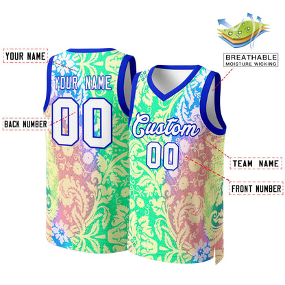 Custom Green White-Royal Graffiti Pattern Tops Mesh Basketball Jersey