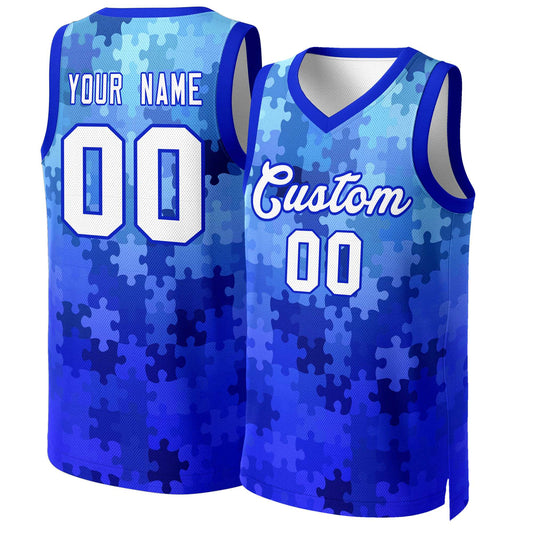 Custom Royal White-Royal Graffiti Pattern Tops Mesh Basketball Jersey