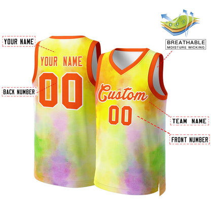 Custom Yellow Orange-White Graffiti Pattern Tops Mesh Basketball Jersey