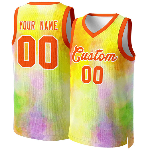 Custom Yellow Orange-White Graffiti Pattern Tops Mesh Basketball Jersey