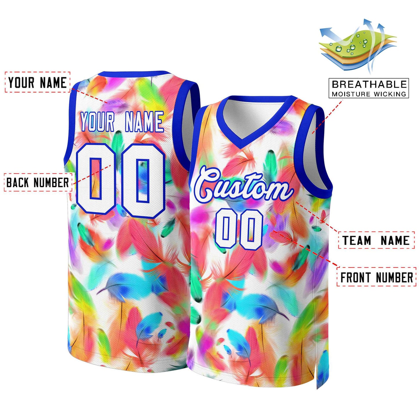 Custom White White-Royal Graffiti Pattern Tops Mesh Basketball Jersey