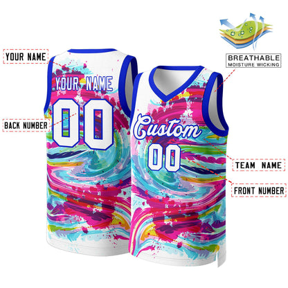 Custom White White-Royal Graffiti Pattern Tops Mesh Basketball Jersey