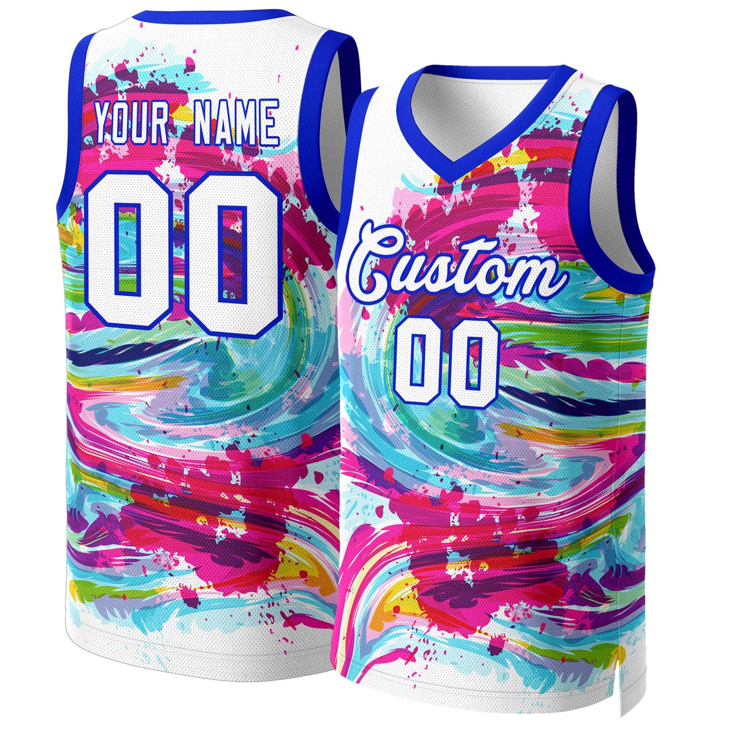 Custom White White-Royal Graffiti Pattern Tops Mesh Basketball Jersey