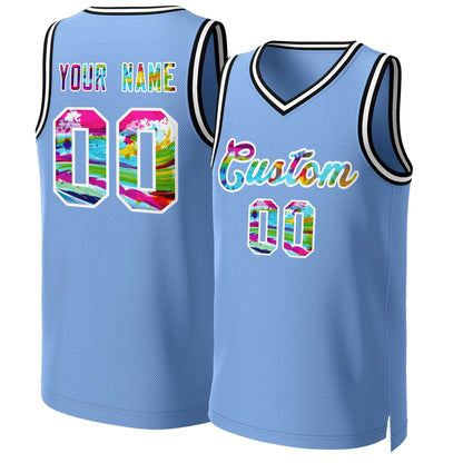 Custom Light Blue Graffiti-White Graffiti Pattern Tops Mesh Basketball Jersey