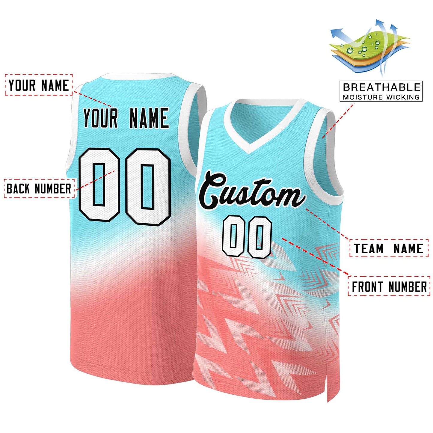 Custom Aqua Red-Black Gradient Fashion Tops Slash Basketball Jersey