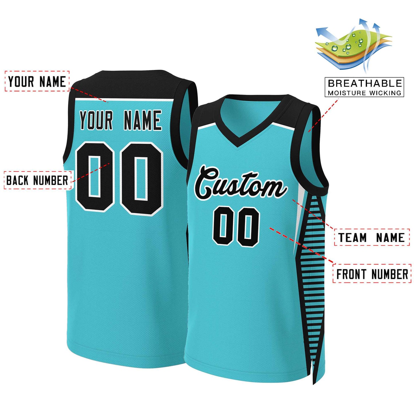 Custom Aqua Black-White Classic Tops Mesh Basketball Jersey