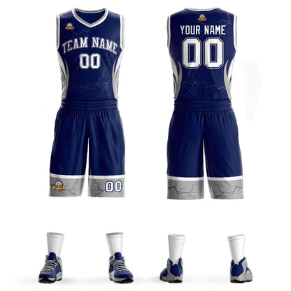 Custom Navy White-Navy Graffiti Pattern Sets Lightning Basketball Jersey