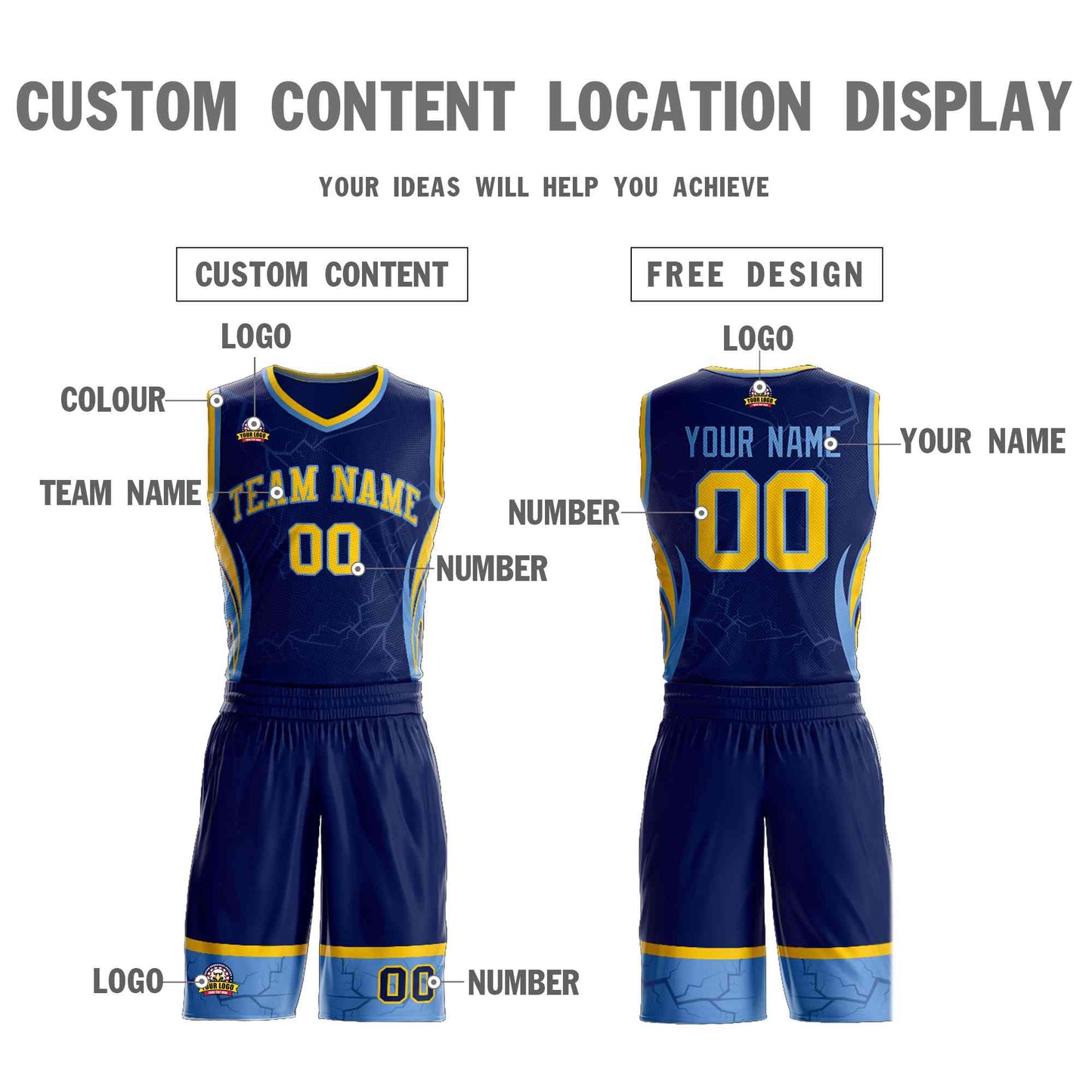 Custom Navy Gold-Light Blue Graffiti Pattern Sets Lightning Basketball Jersey