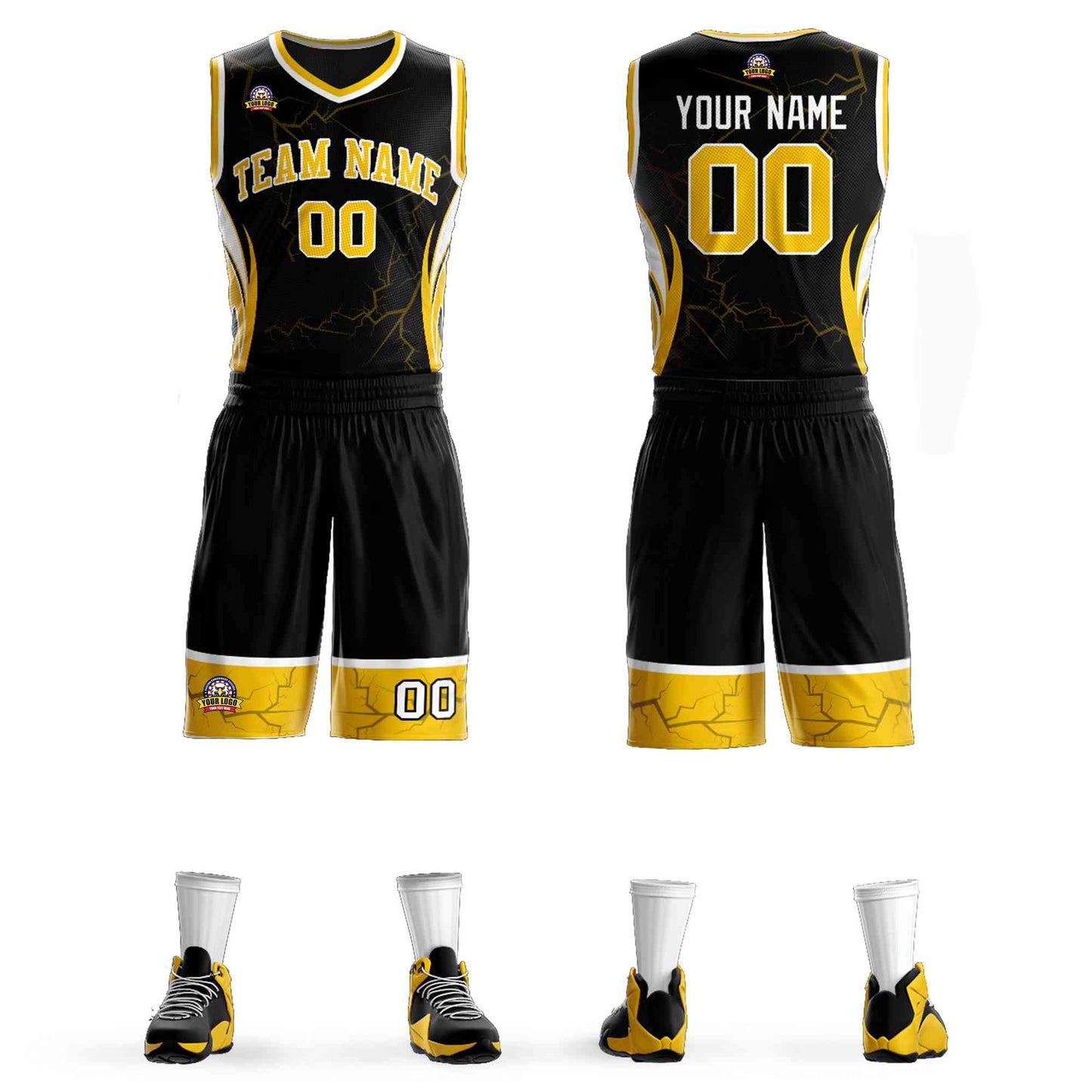 Custom Black Gold-White Graffiti Pattern Sets Lightning Basketball Jersey