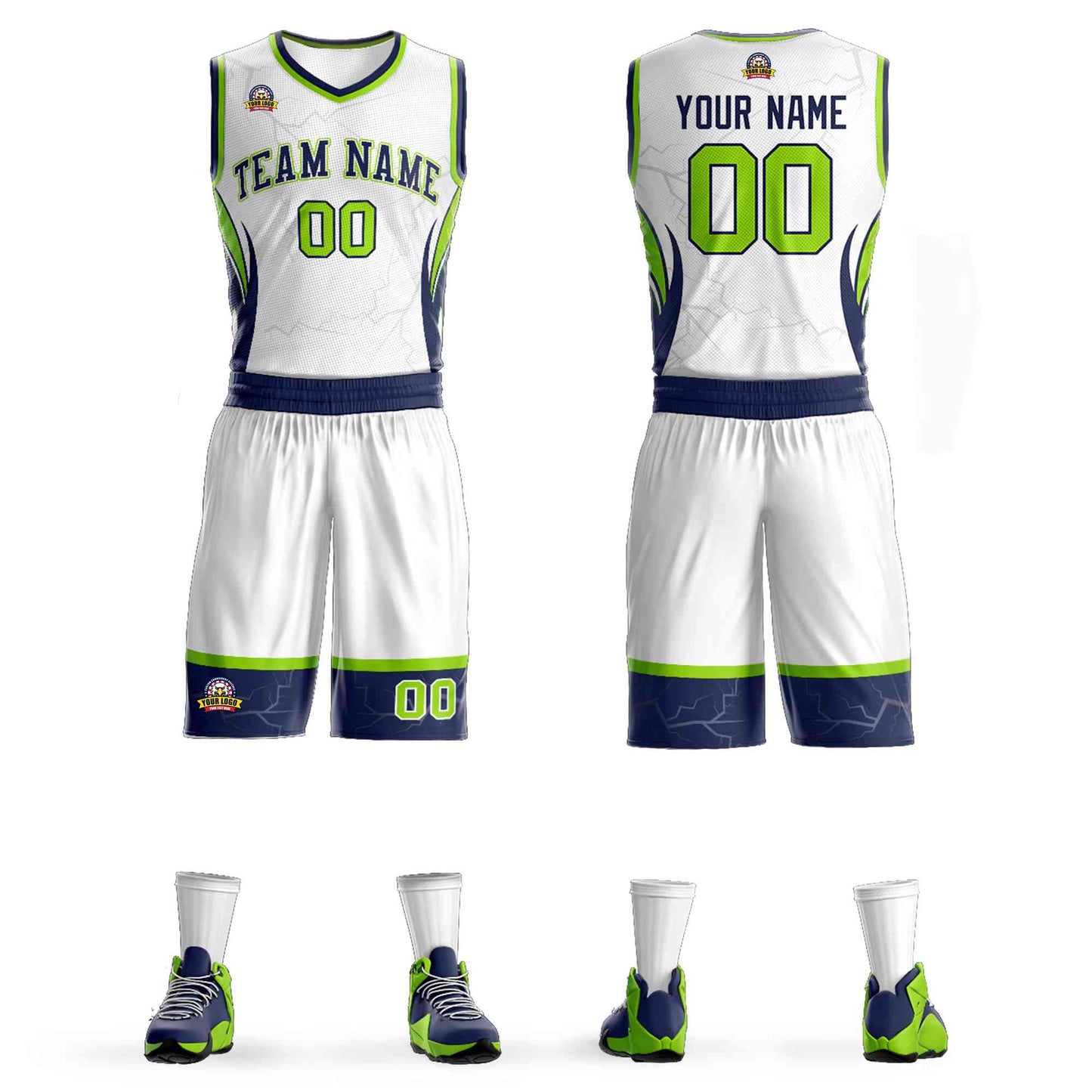 Custom White Navy-White Graffiti Pattern Sets Lightning Basketball Jersey