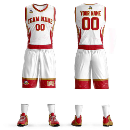 Custom White Red-Old Gold Graffiti Pattern Sets Lightning Basketball Jersey