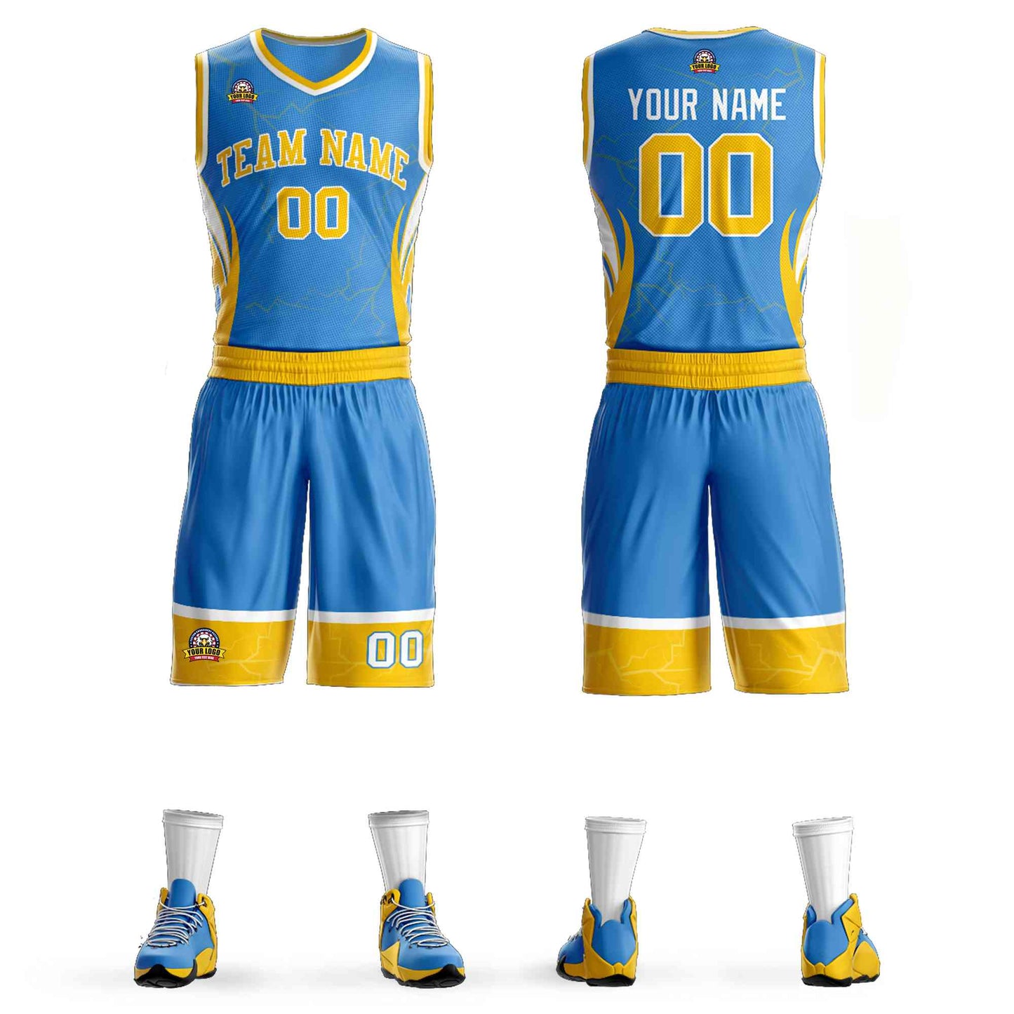 Custom Powder Blue Gold-White Graffiti Pattern Sets Lightning Basketball Jersey