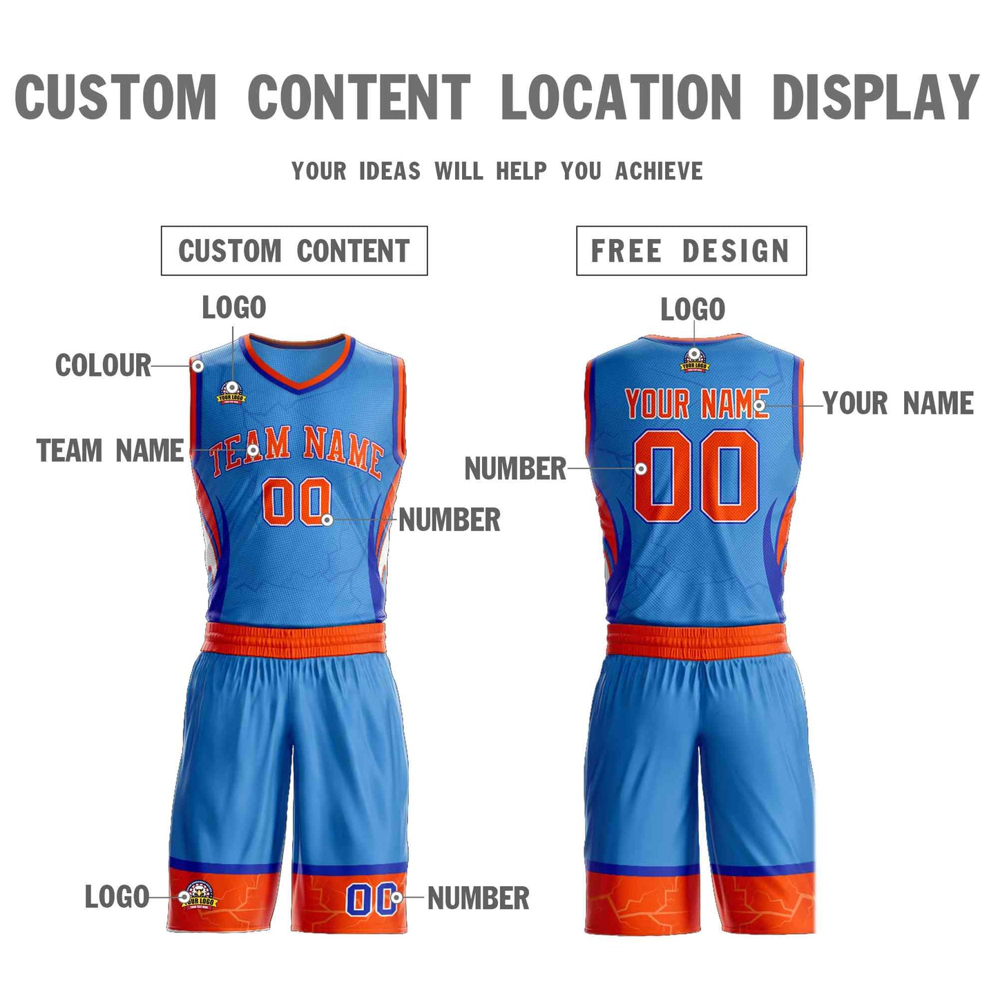 Custom Powder Blue Orange-White Graffiti Pattern Sets Lightning Basketball Jersey