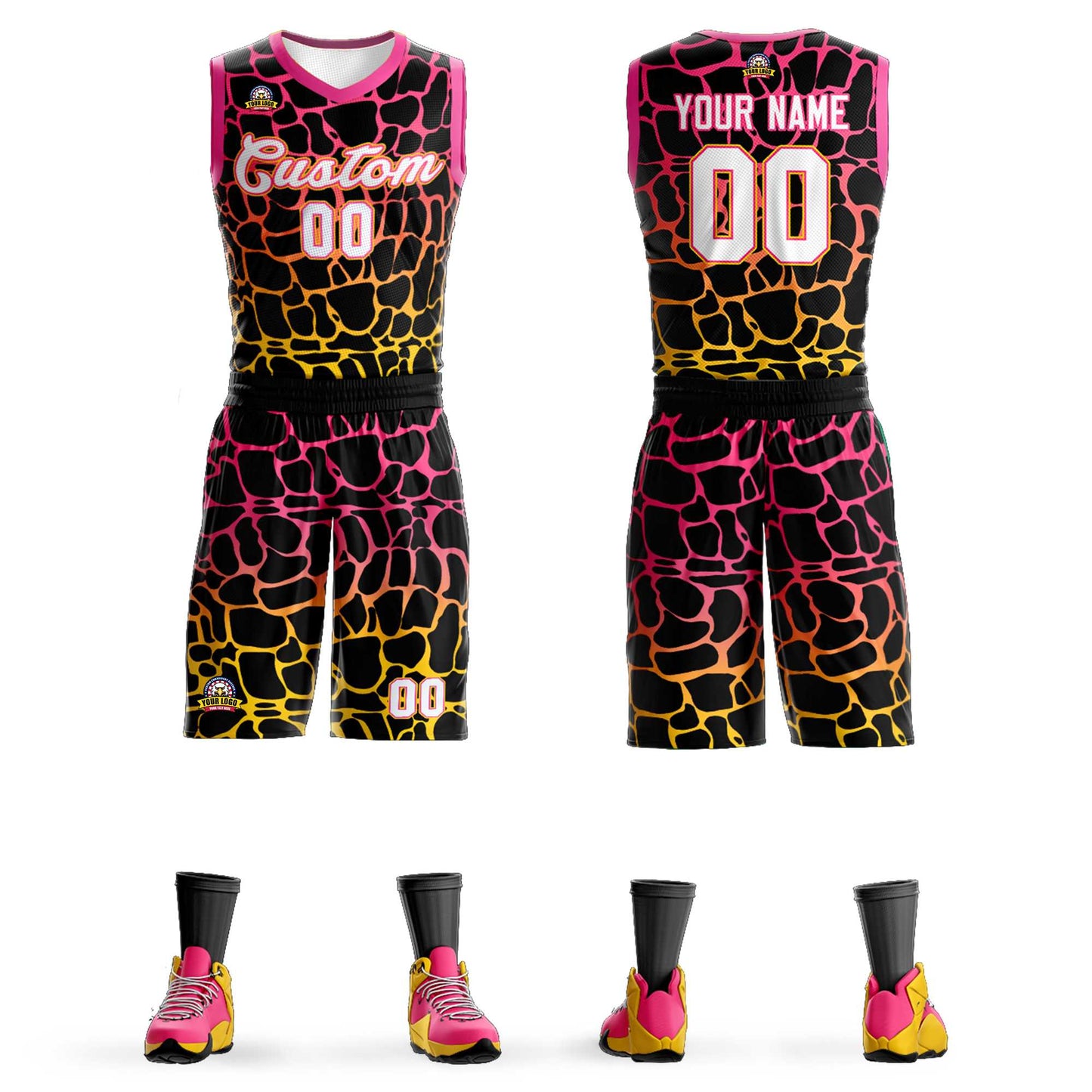 Custom Black Pink-Yellow Spotted Graffiti Pattern Sports Uniform Basketball Jersey