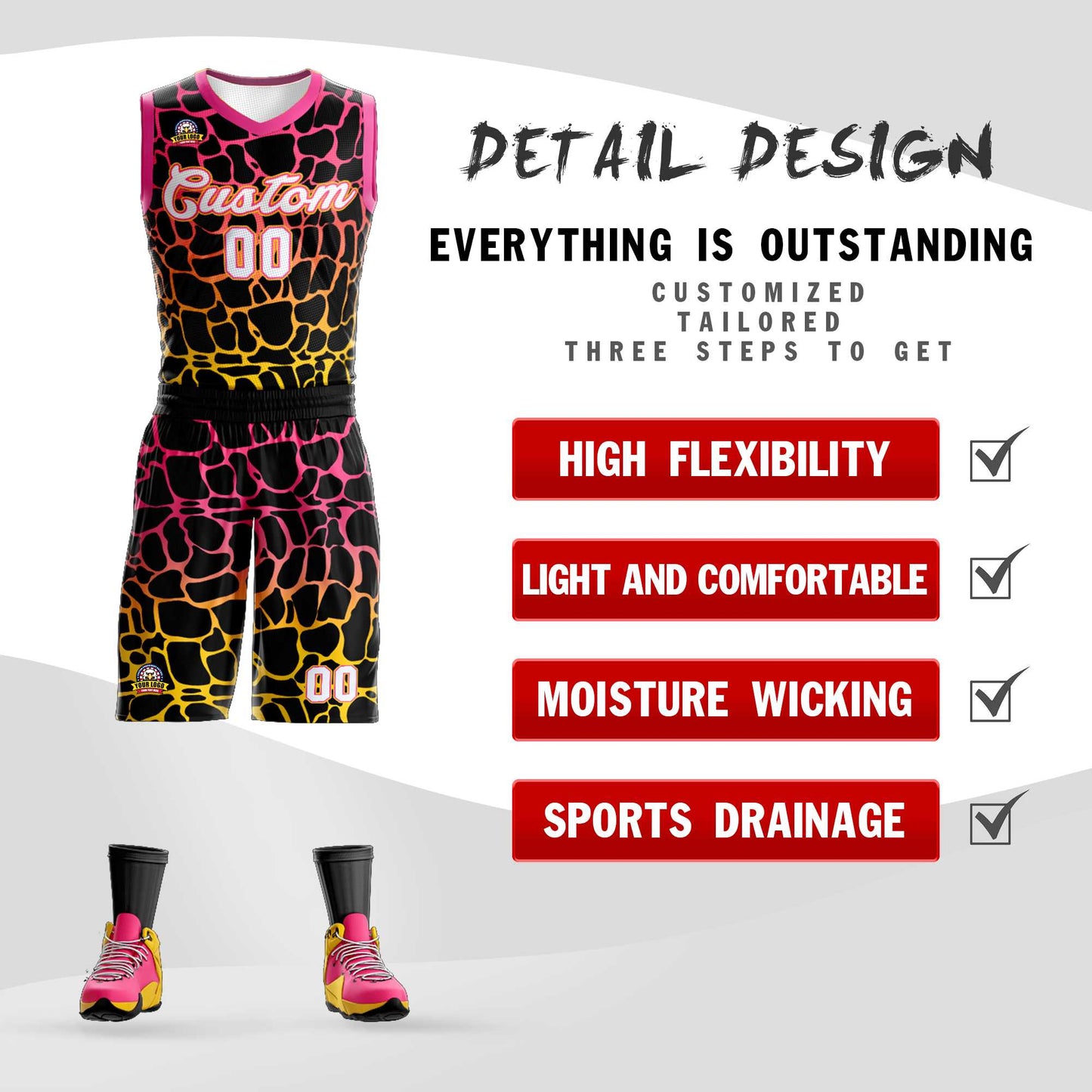 Custom Black Pink-Yellow Spotted Graffiti Pattern Sports Uniform Basketball Jersey