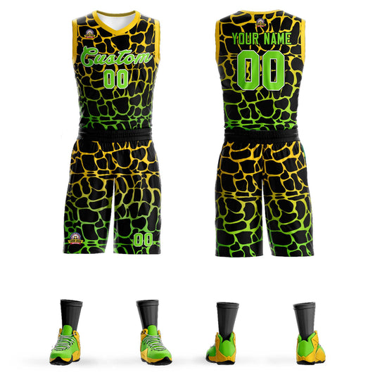 Custom Black Gold-Neon Green Spotted Graffiti Pattern Sports Uniform Basketball Jersey