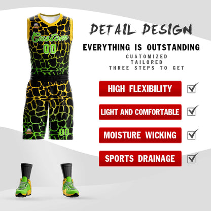 Custom Black Gold-Neon Green Spotted Graffiti Pattern Sports Uniform Basketball Jersey