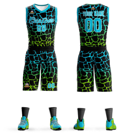 Custom Black Sky Blue-Neon Green Spotted Graffiti Pattern Sports Uniform Basketball Jersey