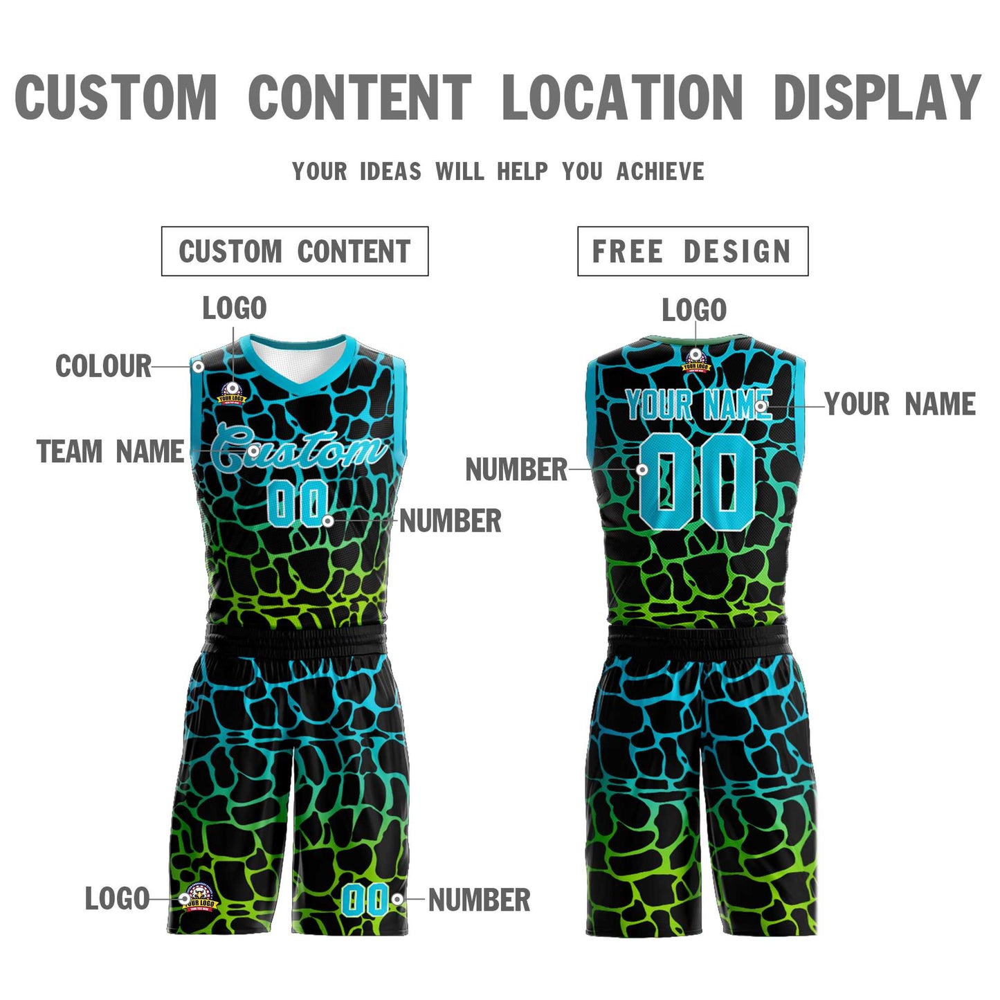 Custom Black Sky Blue-Neon Green Spotted Graffiti Pattern Sports Uniform Basketball Jersey