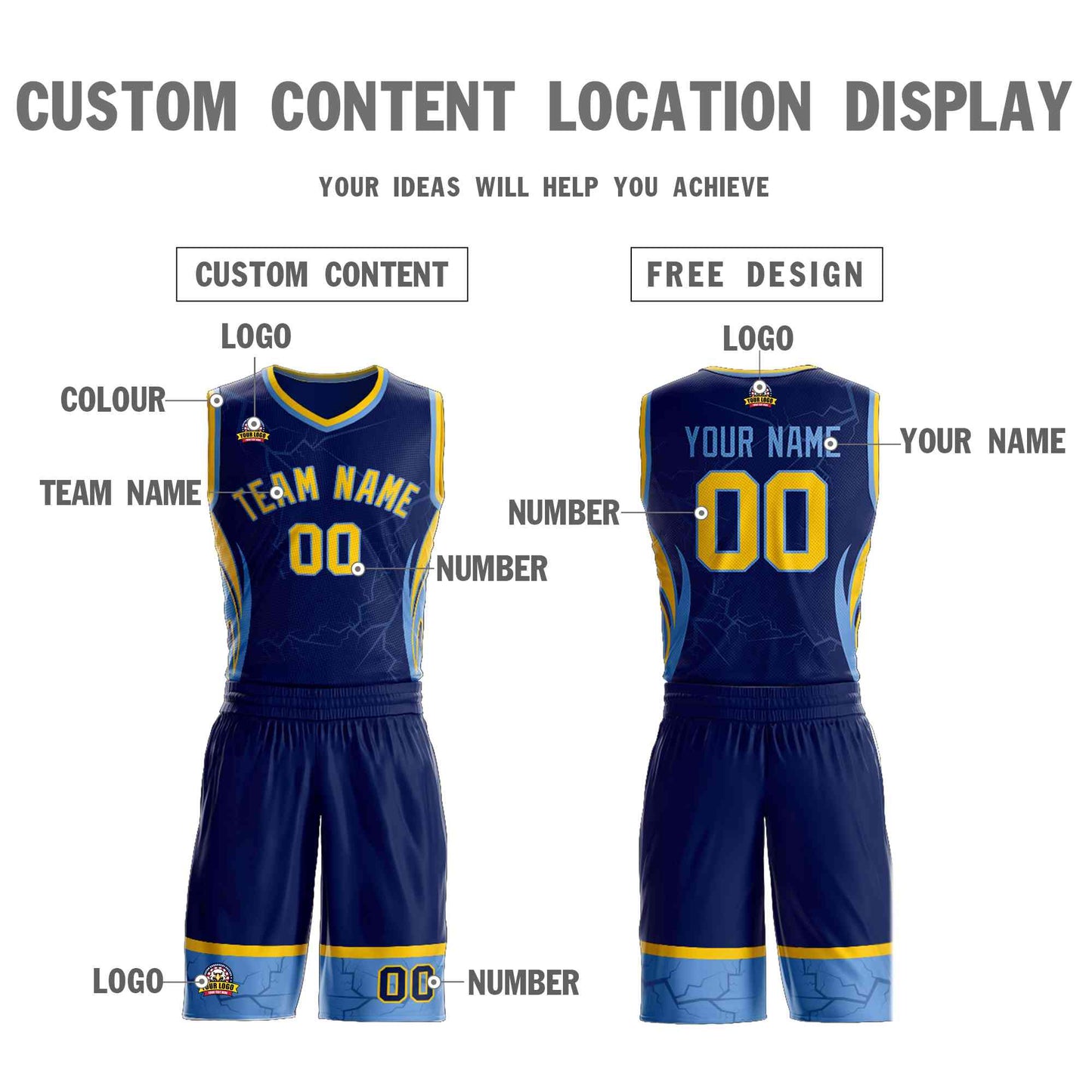 Custom Navy Gold-Light Blue Graffiti Pattern Sets Lightning Basketball Jersey