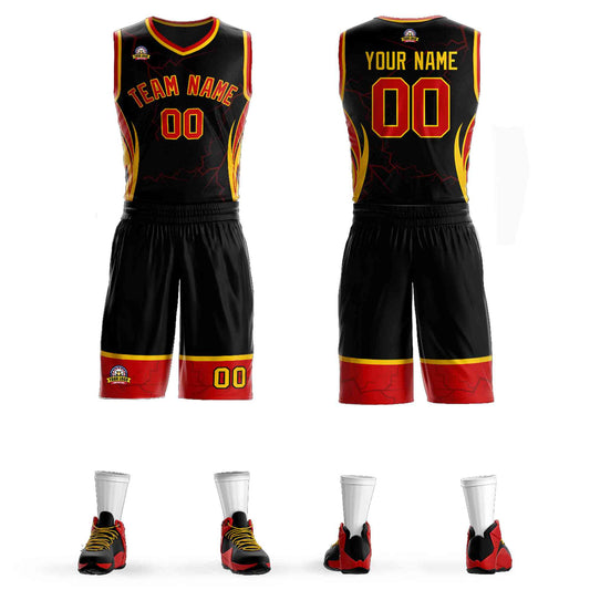 Custom Black Red-Gold Graffiti Pattern Sets Lightning Basketball Jersey