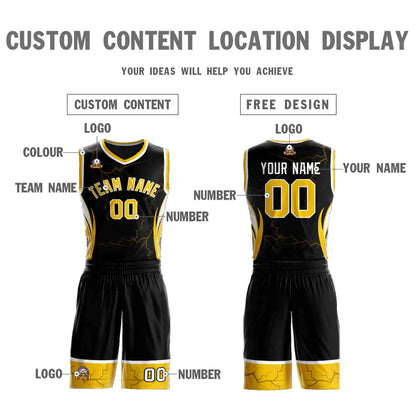 Custom Black Gold-White Graffiti Pattern Sets Lightning Basketball Jersey