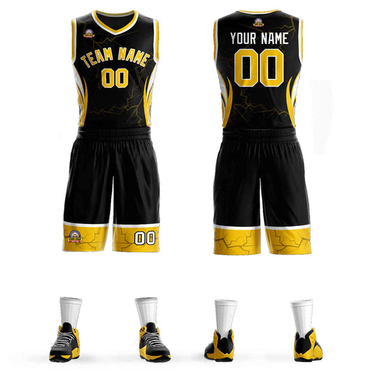 Custom Black Gold-White Graffiti Pattern Sets Lightning Basketball Jersey