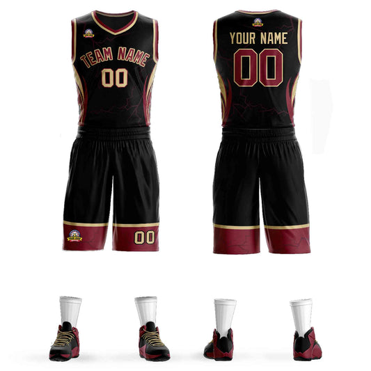 Custom Black Maroon-Khaki Graffiti Pattern Sets Lightning Basketball Jersey