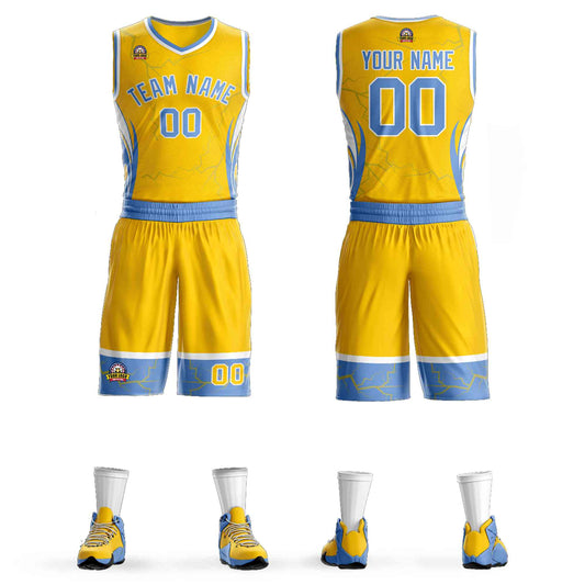 Custom Gold Light Blue-White Graffiti Pattern Sets Lightning Basketball Jersey