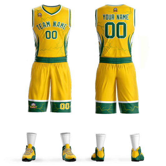 Custom Gold Kelly Green-White Graffiti Pattern Sets Lightning Basketball Jersey