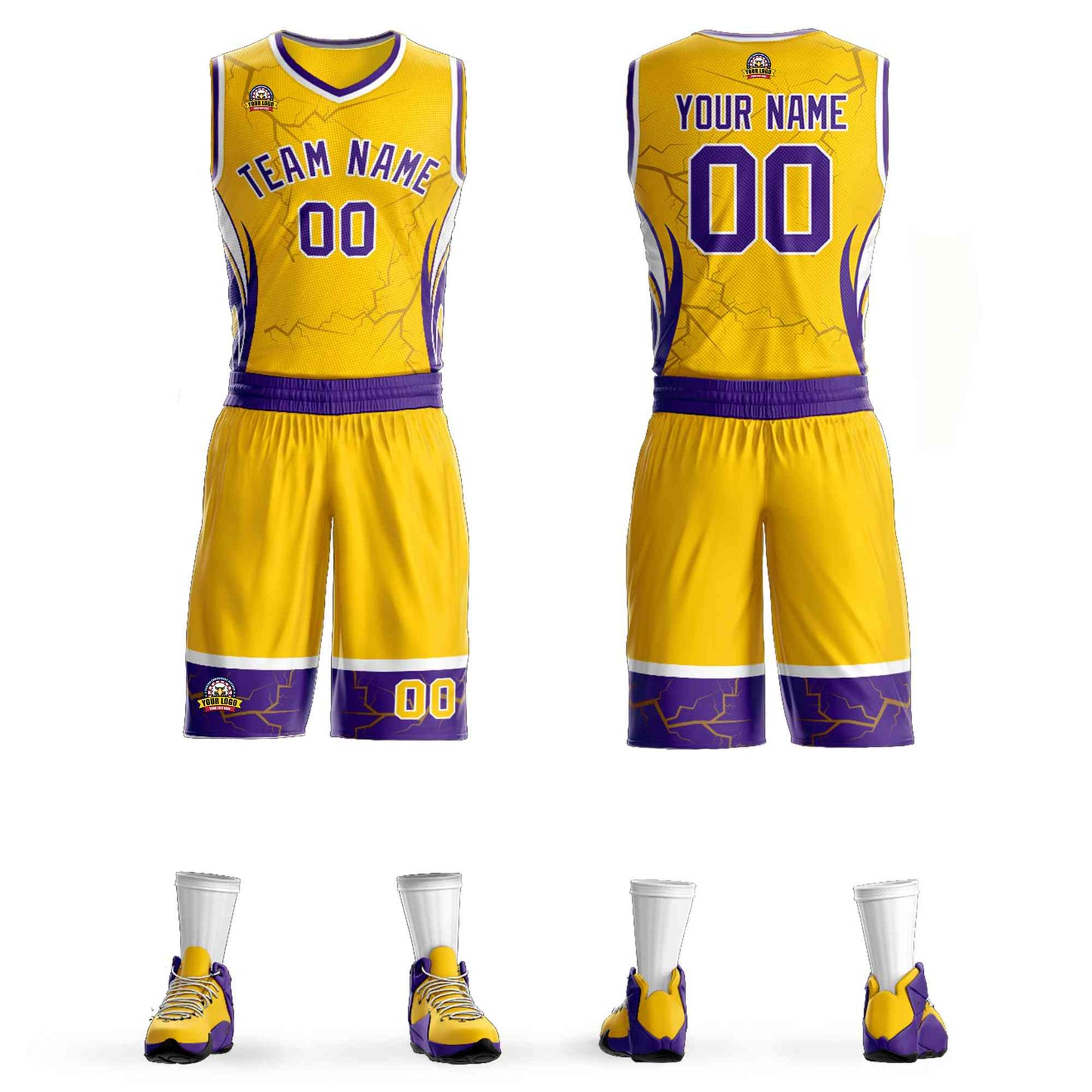 Custom Gold Purple-White Graffiti Pattern Sets Lightning Basketball Jersey