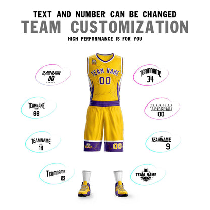 Custom Gold Purple-White Graffiti Pattern Sets Lightning Basketball Jersey