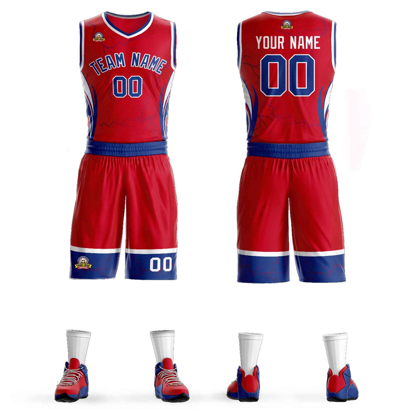 Custom Red Royal-White Graffiti Pattern Sets Lightning Basketball Jersey