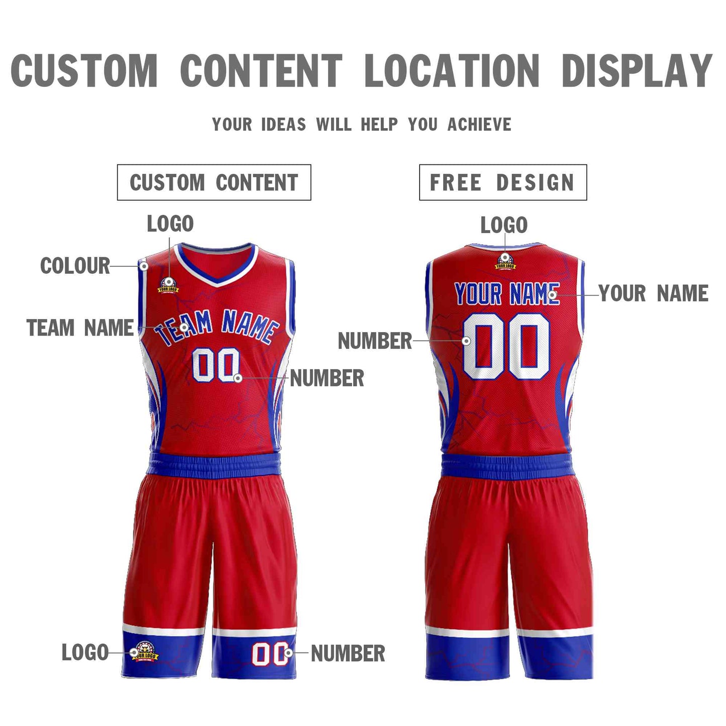 Custom Red Royal-White Graffiti Pattern Sets Lightning Basketball Jersey