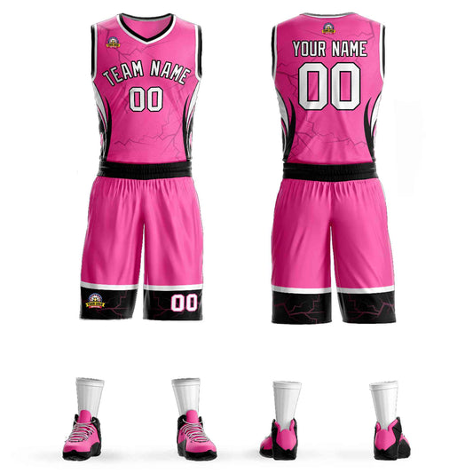 Custom Pink White-Black Graffiti Pattern Sets Lightning Basketball Jersey