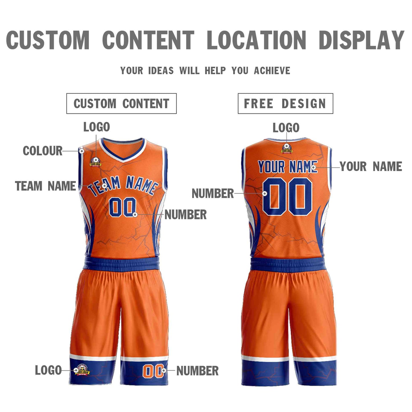 Custom Orange Royal-White Graffiti Pattern Sets Lightning Basketball Jersey