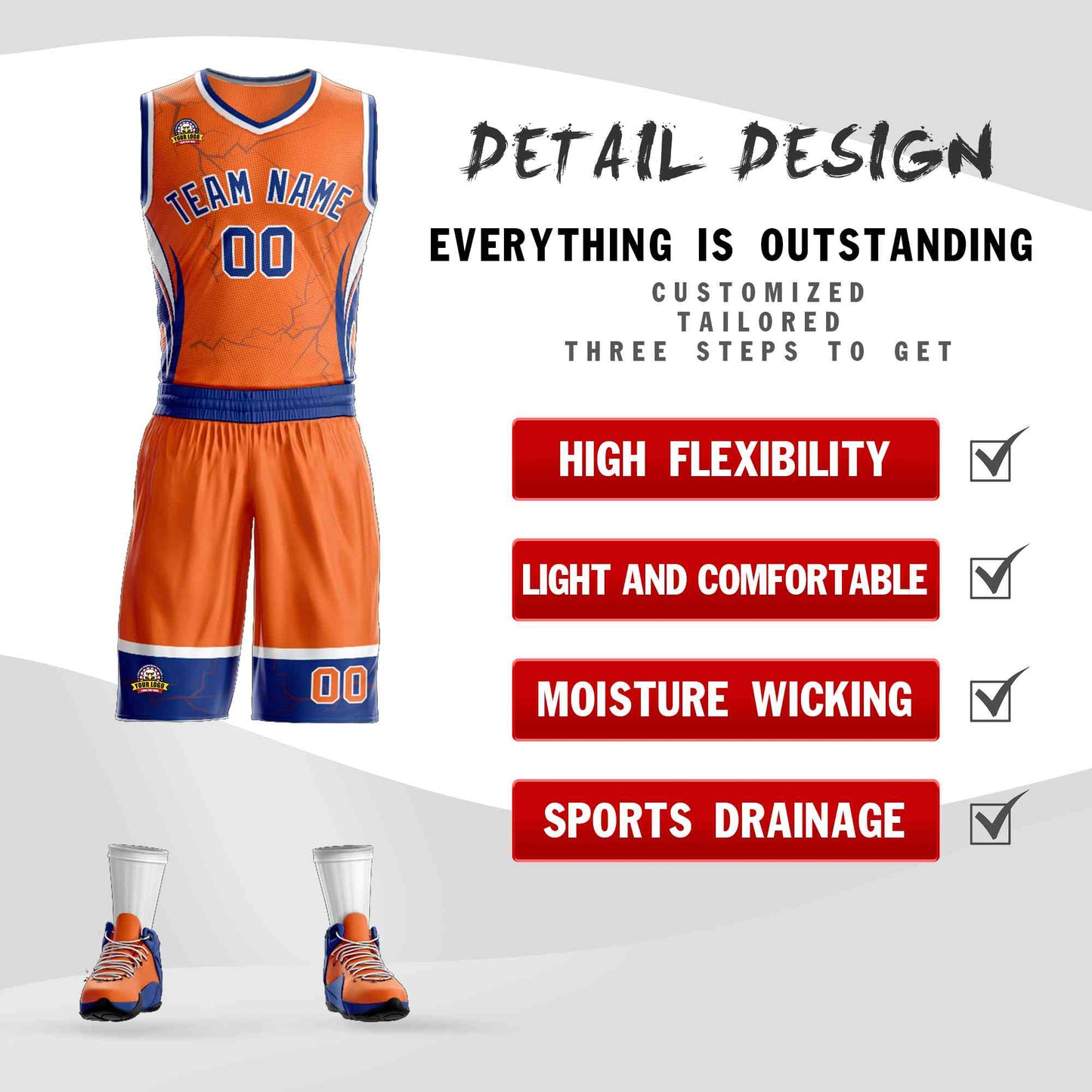 Custom Orange Royal-White Graffiti Pattern Sets Lightning Basketball Jersey