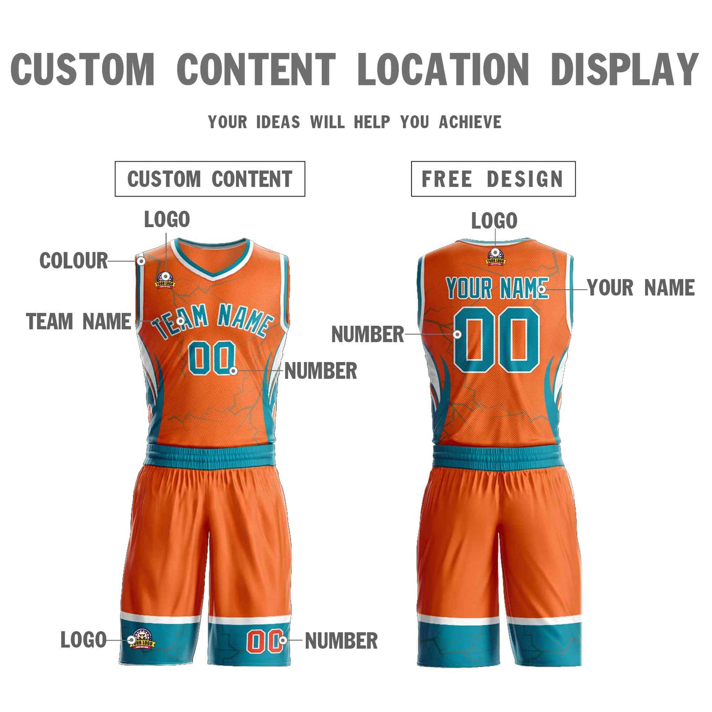 Custom Orange Teal-White Graffiti Pattern Sets Lightning Basketball Jersey