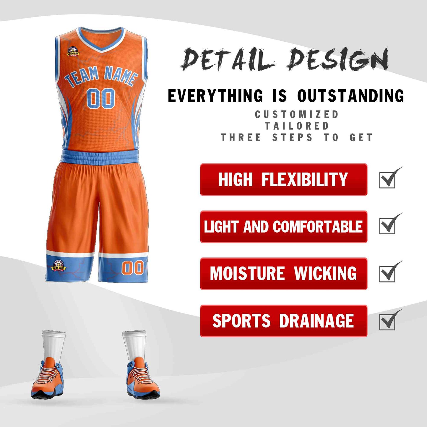 Custom Orange Powder Blue-White Graffiti Pattern Sets Lightning Basketball Jersey