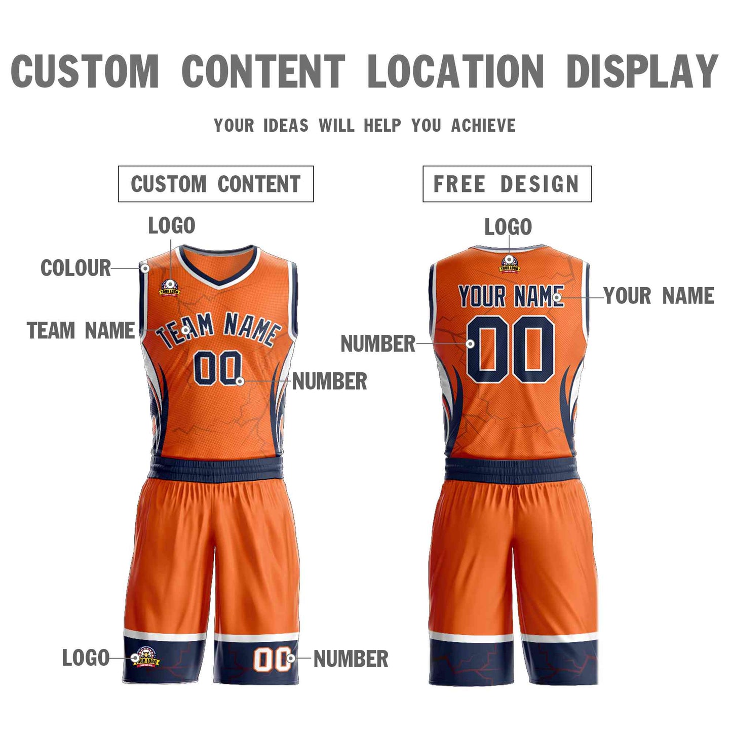 Custom Orange Navy-White Graffiti Pattern Sets Lightning Basketball Jersey