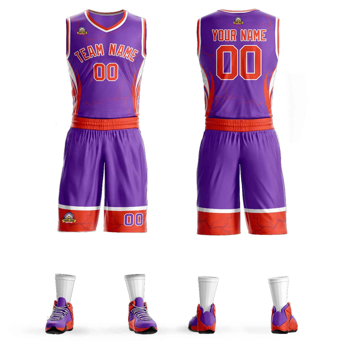 Custom Purple Orange-White Graffiti Pattern Sets Lightning Basketball Jersey