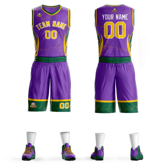 Custom Purple Gold-White Graffiti Pattern Sets Lightning Basketball Jersey