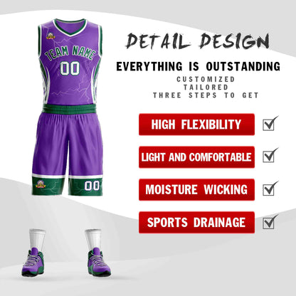 Custom Purple Green-White Graffiti Pattern Sets Lightning Basketball Jersey