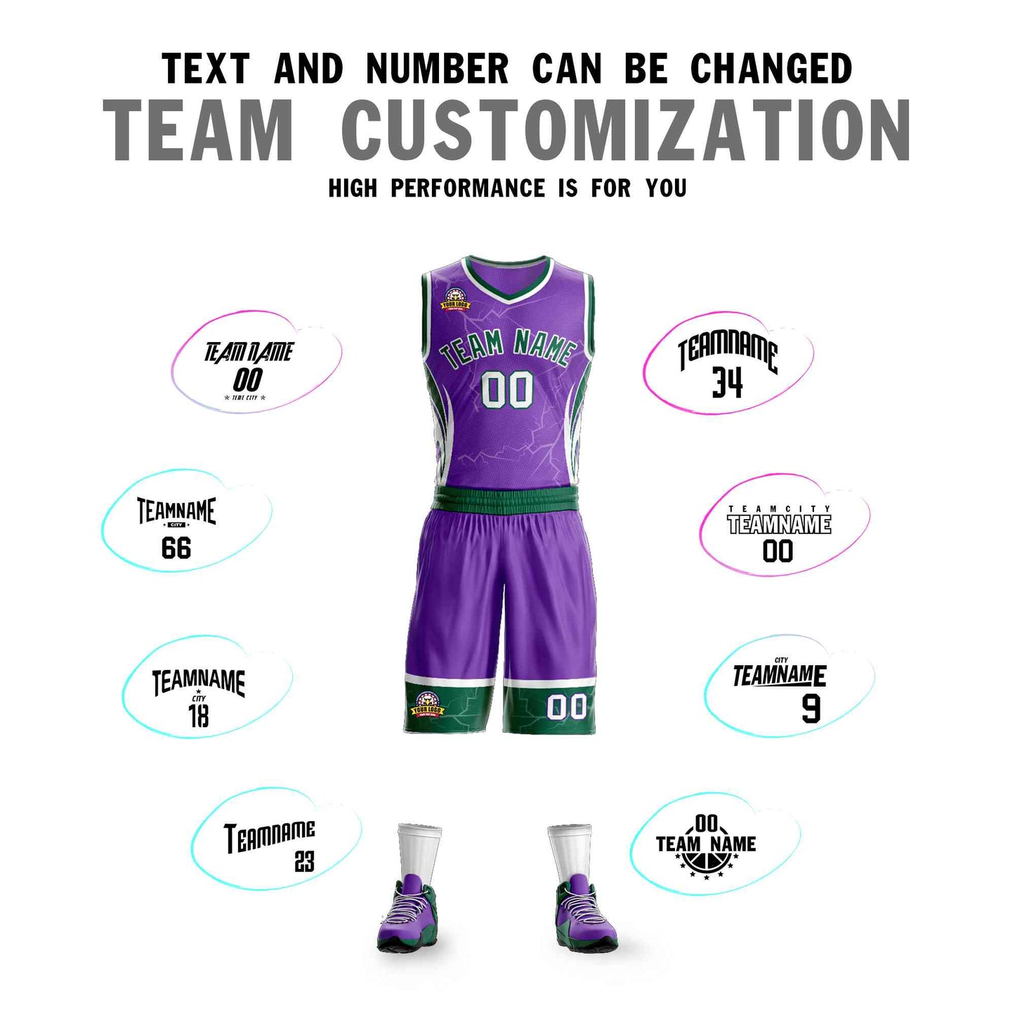 Custom Purple Green-White Graffiti Pattern Sets Lightning Basketball Jersey